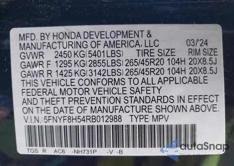 2024 Honda Passport Awd Ex-L z USA, uszkodzony, nr VIN 5FNYF8H54RB012988